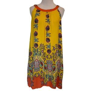 Suzanne Betro Weekend Tank Dress Womens Size 2X Yellow Floral Goddess Neck Boho